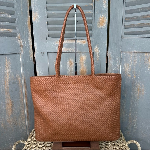 Quince Italian Leather Handwoven Tote Small Cognac NWOT - Picture 2 of 14